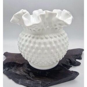Vintage Fenton Art Milk Glass Vase Hobnail Texture Raised Bumps Ruffled Edge